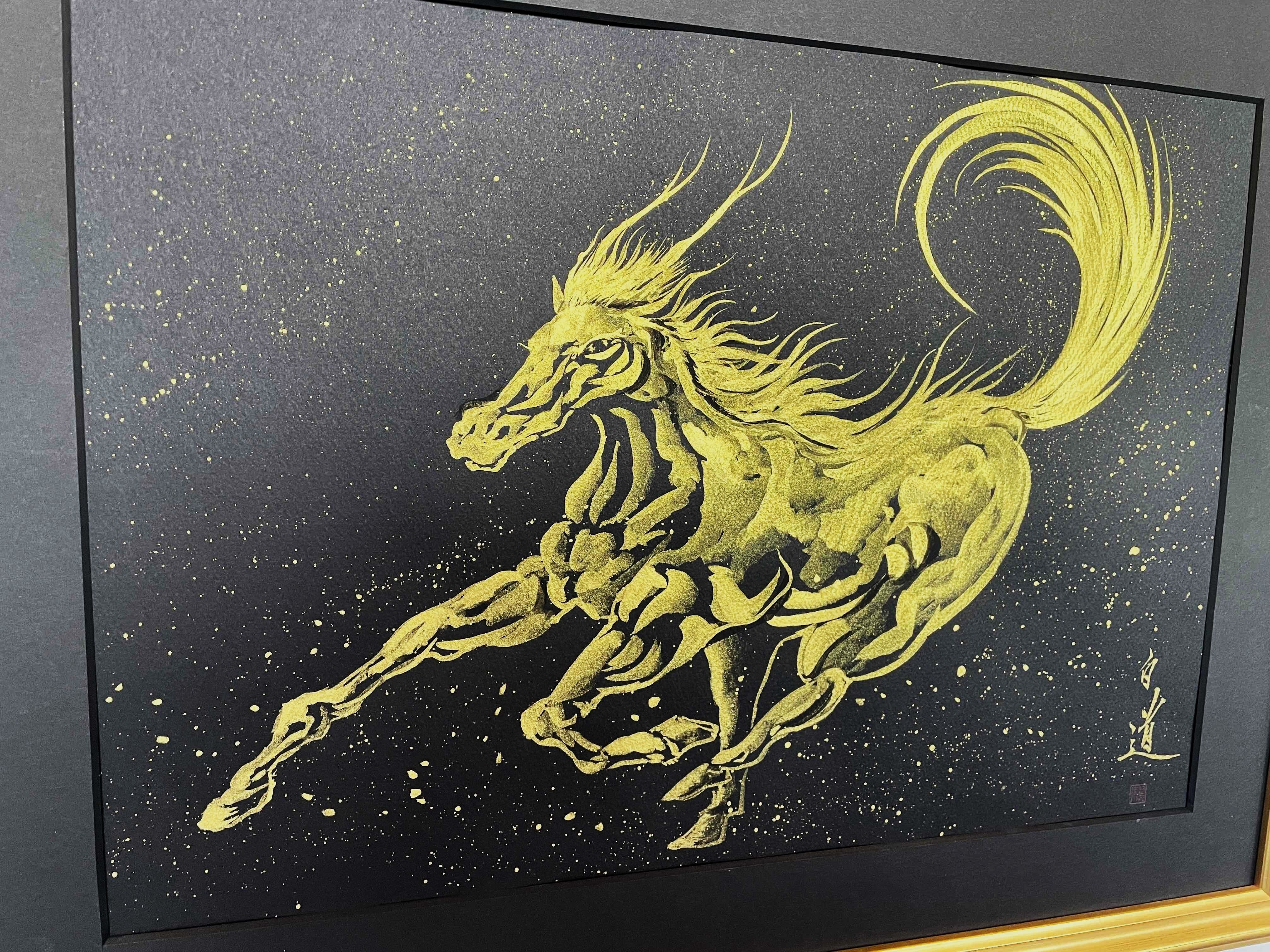 現代水墨画家 絵師白道 「龍馬」（黒金） 直筆作品 証明書カード付 龍