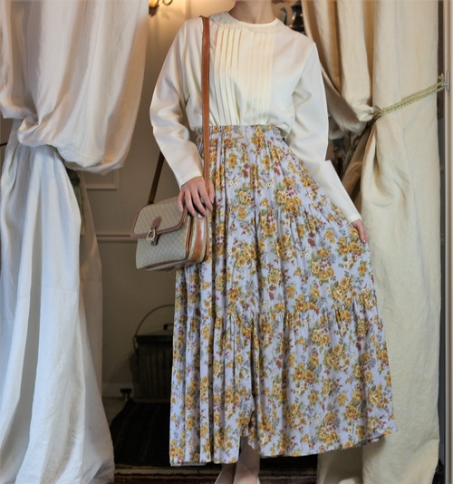 RETRO VINTAGE FLOWER PATTERNED LONG PLEATES SKIRT/レトロ古着花柄ロングプリーツスカート