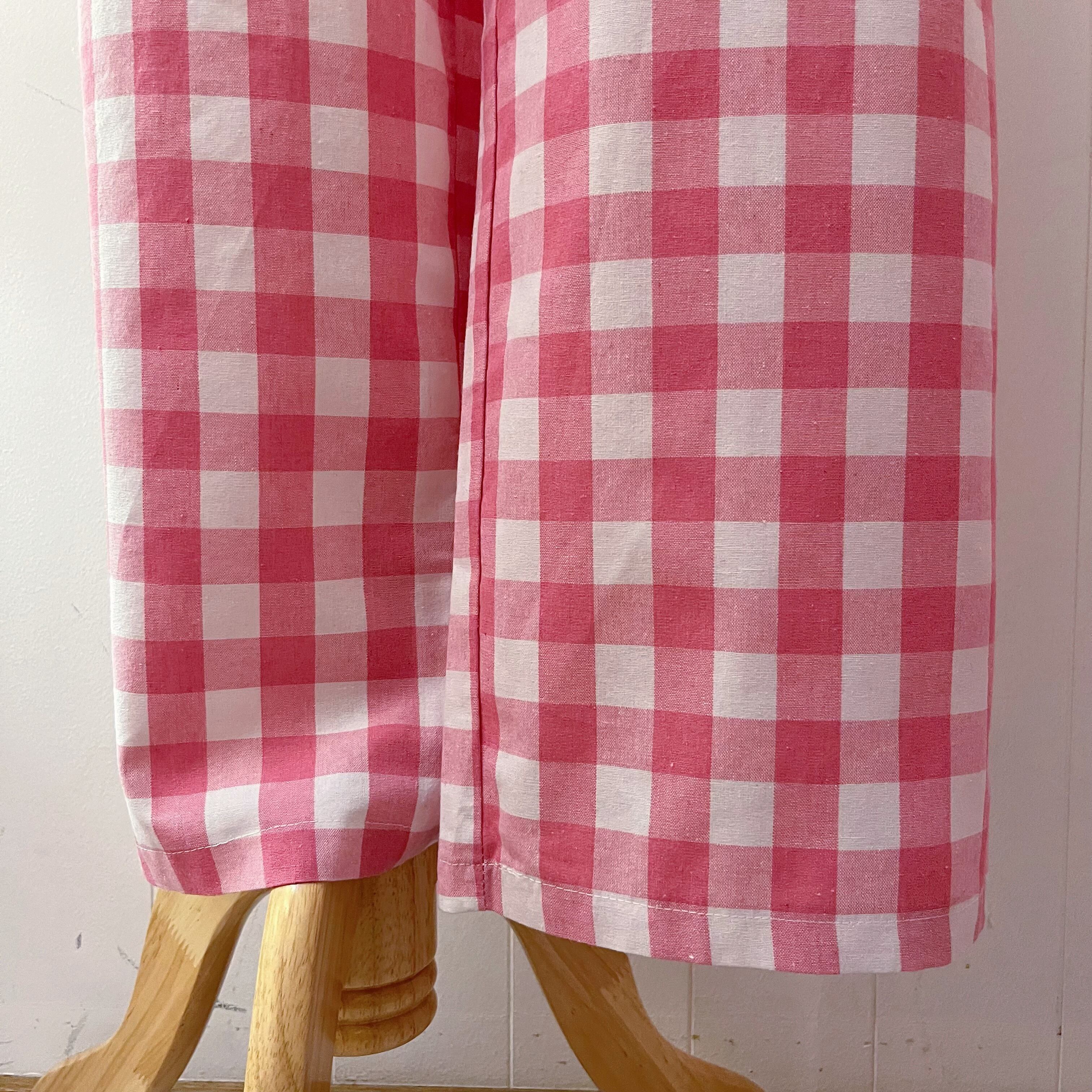 pink block check pants