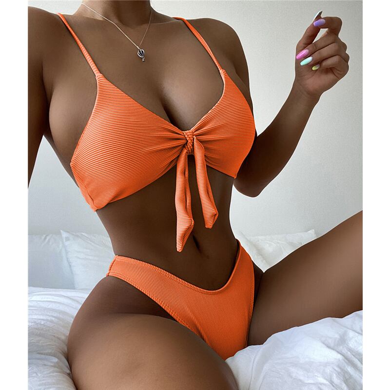 送料無料 セクシーなソリッドビキニ水着女性ボウクロス水着
