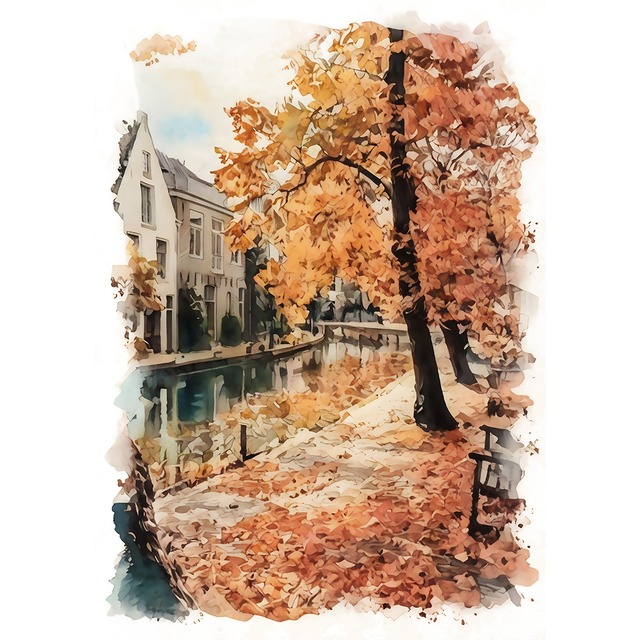 絵画 風景画(街並み) 秋 オランダ ユトレヒトの運河沿いの紅葉 インテリアアート額付き 水彩画・油絵調 WAT0532