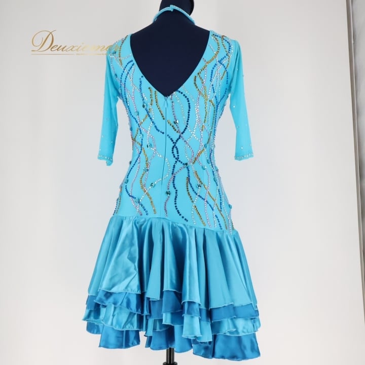 社交ダンス 衣装 ラテン ドレス ワンピース 水色 レース フリル 青