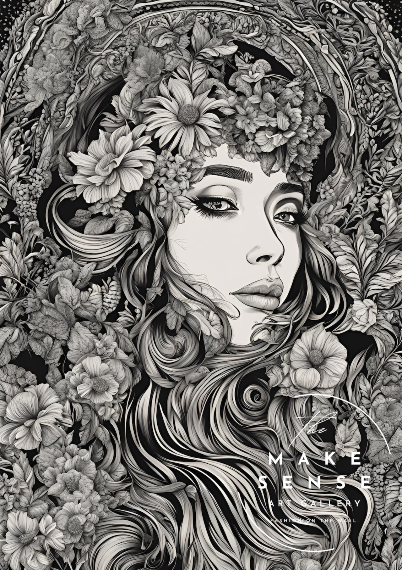 Monochrome Muse｜花と女性が織りなす静寂の美｜白と黒で描く繊細なラインアートポスター｜上質なモノクロの世界A4ポスター