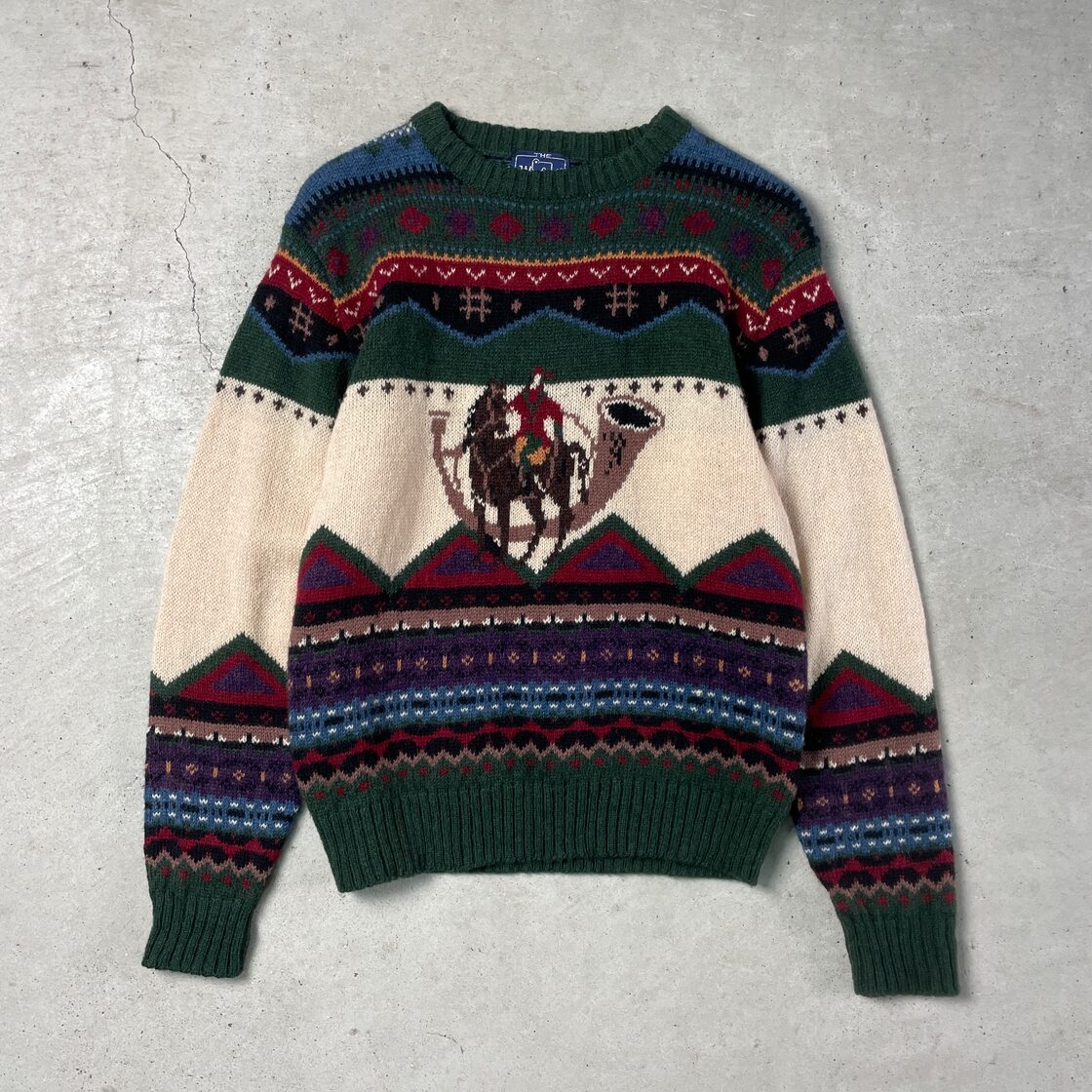 80年代 Woolrich ウールリッチ 乗馬 アニマル柄 ウールニットセーター 