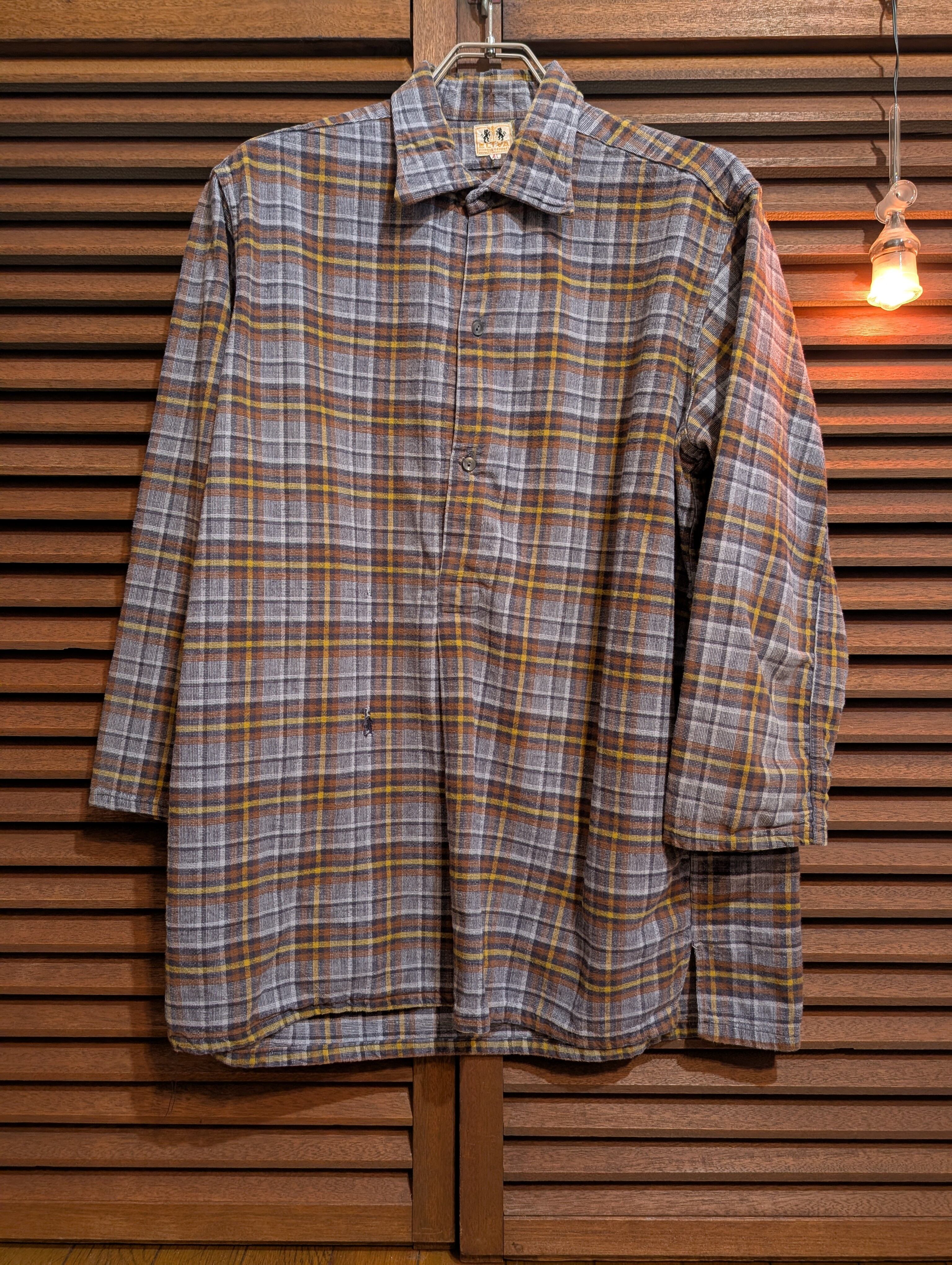 50-60s France ELTVA Granpa Shirt Brown Yellow Check