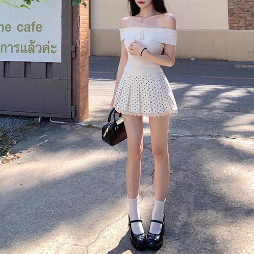 【2点セット】ステッチリボンオフショルトップス＋レースヘムドットプリーツスカート ・70608