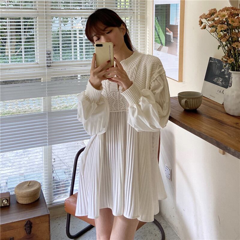 Vネックニットドレス レディースオータムウィンタースタンダードウェスト薄手ストライプスカート ロング レトロ 秋物 冬物 YY-ファッション34199905924