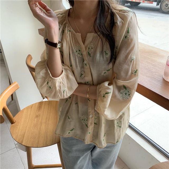 floral embroidery sheer blouse