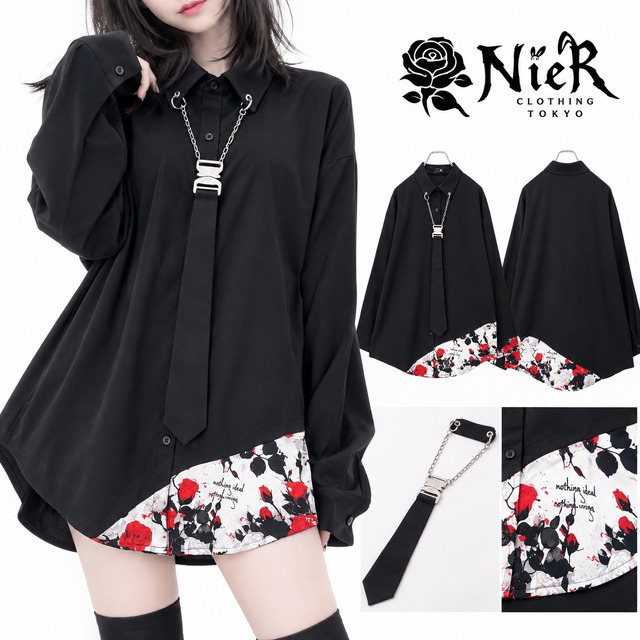 《3rd DAY目玉大特価》取り外し可能ネクタイ付きROSE LONG LENGTH BLACK SHIRT