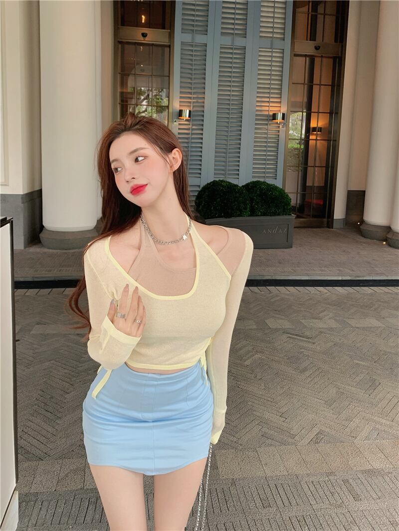 Tシャツ サマー薄手ショートトップス ロング 夏物 オフショルダー ピュア ブラックストロベリース79671660696