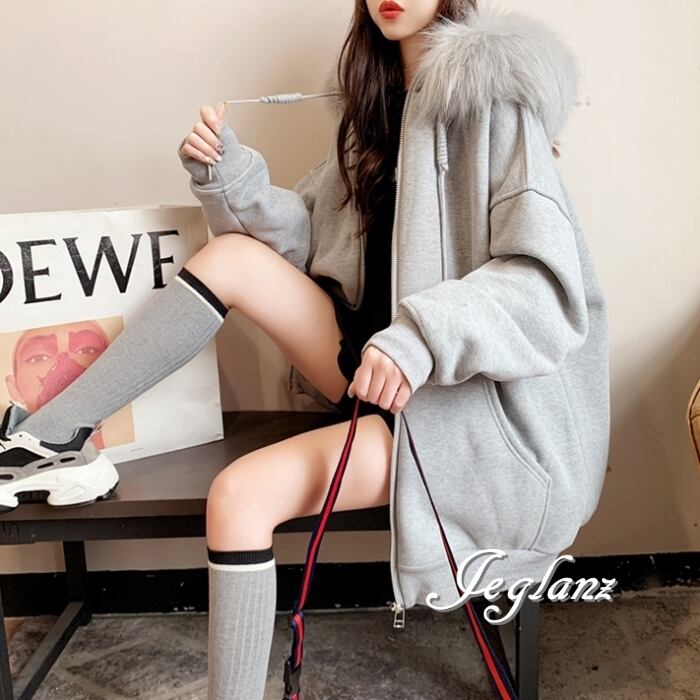 3色 ジップアップ パーカー ドロップショルダー ファー付き 韓国(MB728)λ