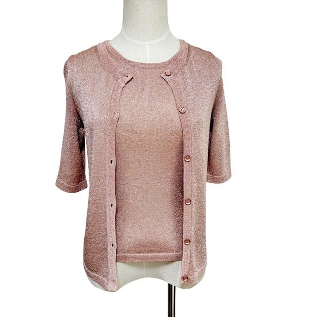 中古 ミッソーニ MISSONI ニット アンサンブル クリーニング済み 五分袖 タンクトップ ピンクラメ イタリア製 レディース Mサイズ 相当