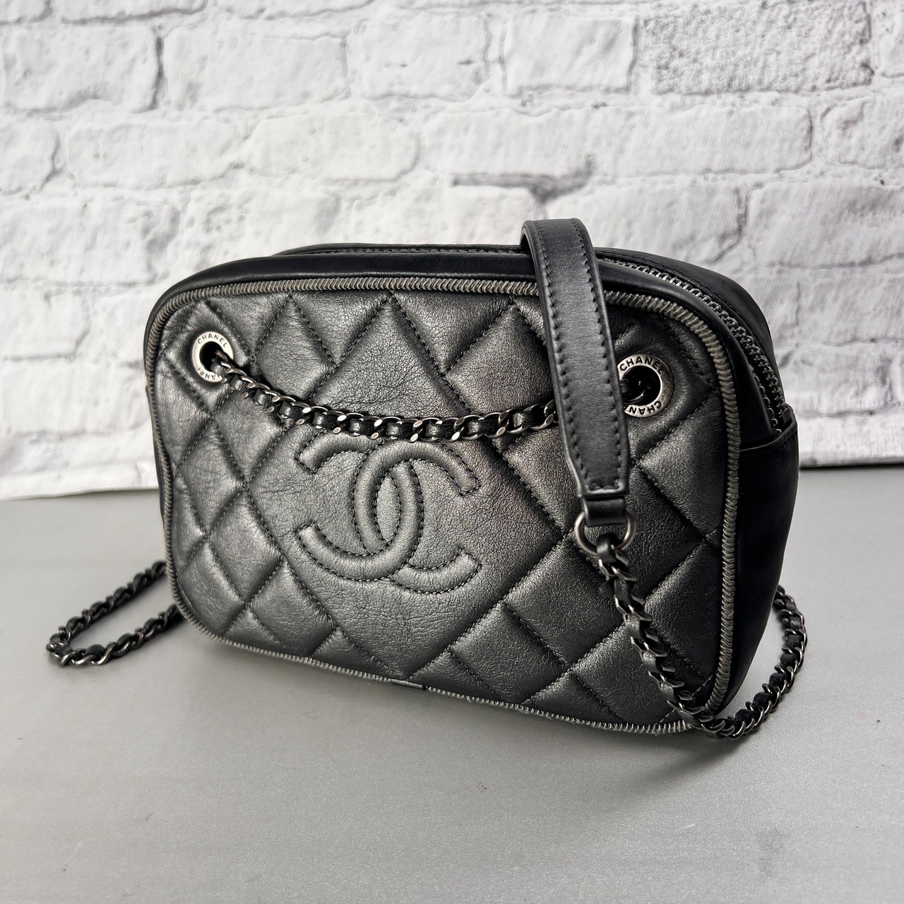 CHANEL シャネル ココマーク レザー ショルダーバッグ グレー A-14264