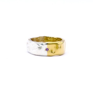 "wave series" basic L ring with color stone - half color (silver&gold)