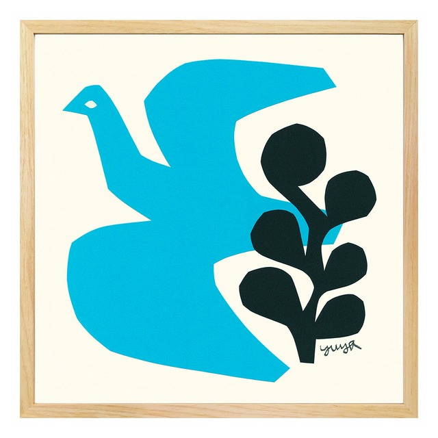 [額縁付き] YUYA「BLUE BIRD」切り絵作家 アートポスター 天然木フレーム 北欧 ナチュラル 鳥 青 425×425mm AFYY03