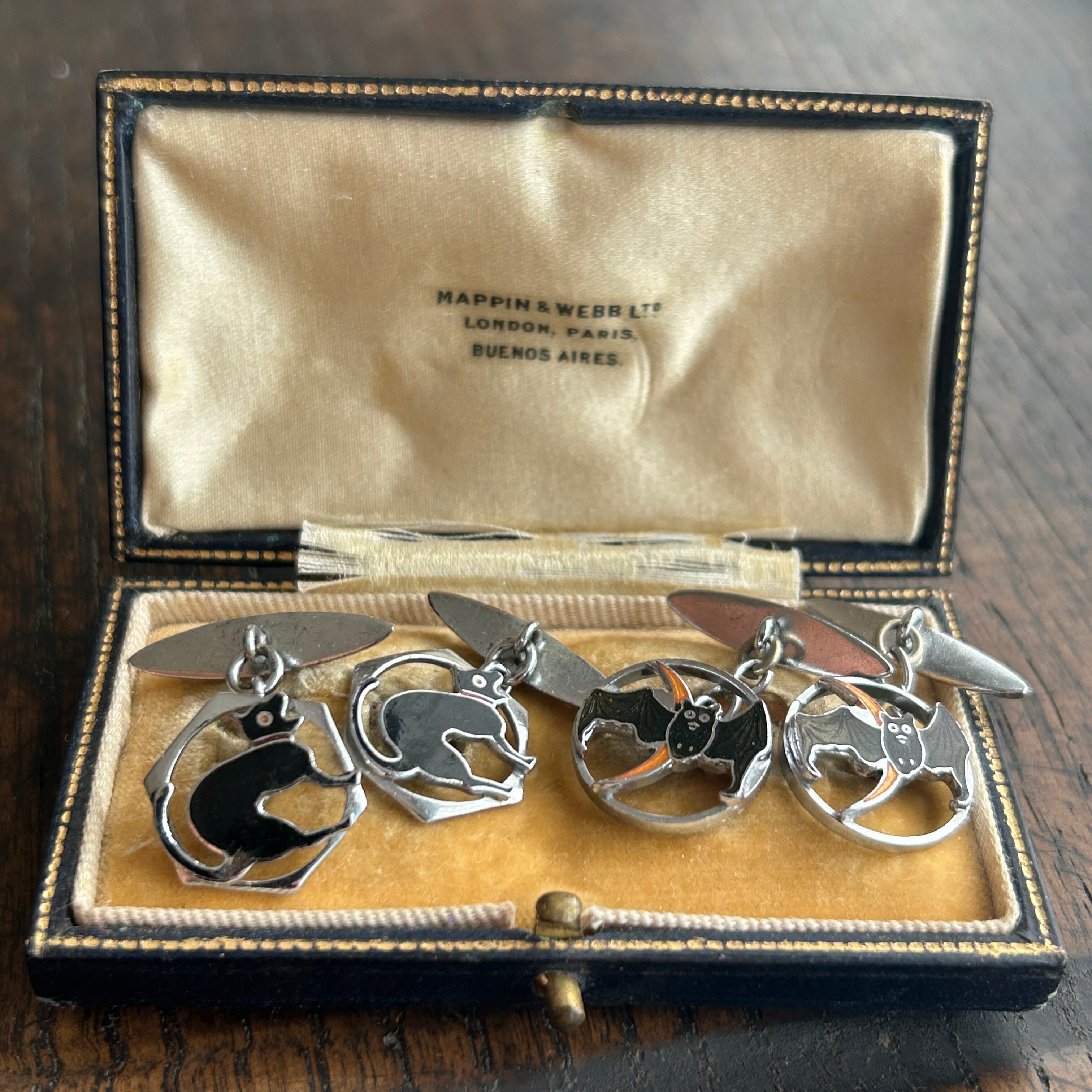 アンティーク　和製ヌーボー　黒猫のカフス