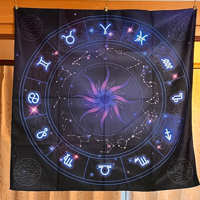 ホロスコープ タロットクロス ブルー  黄道十二星座 宇宙 タペストリー テーブルクロス 75×75㎝