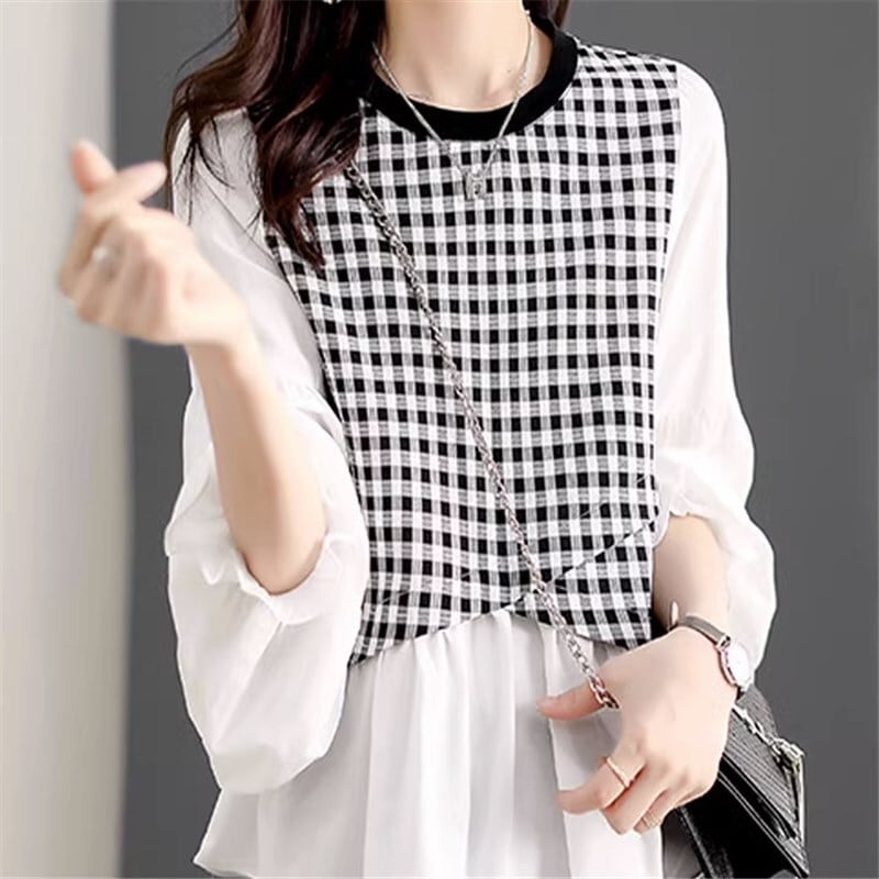 トップス シャツ ブラウス 袖あり 長袖 ラウンドネック スリム かわいい 大人可愛い きれいめ シンプル カジュアル 大人 上品 おしゃれ お洒落 かっこいい 大人女子 こなれ感 スポーティー ラブリー キュート ガーリー ルーズ クール セクシー 主役級 存在感 甘い 格子柄 春 秋 参観日 10代 20代 30代 40代 レディース 女性用 ママ 通学 デート お出かけ 女子会 休日 イベント リゾート ホテル ショッピング 着回し 普段使い お揃い 双子 韓国 韓国系 オルチャン ファッション