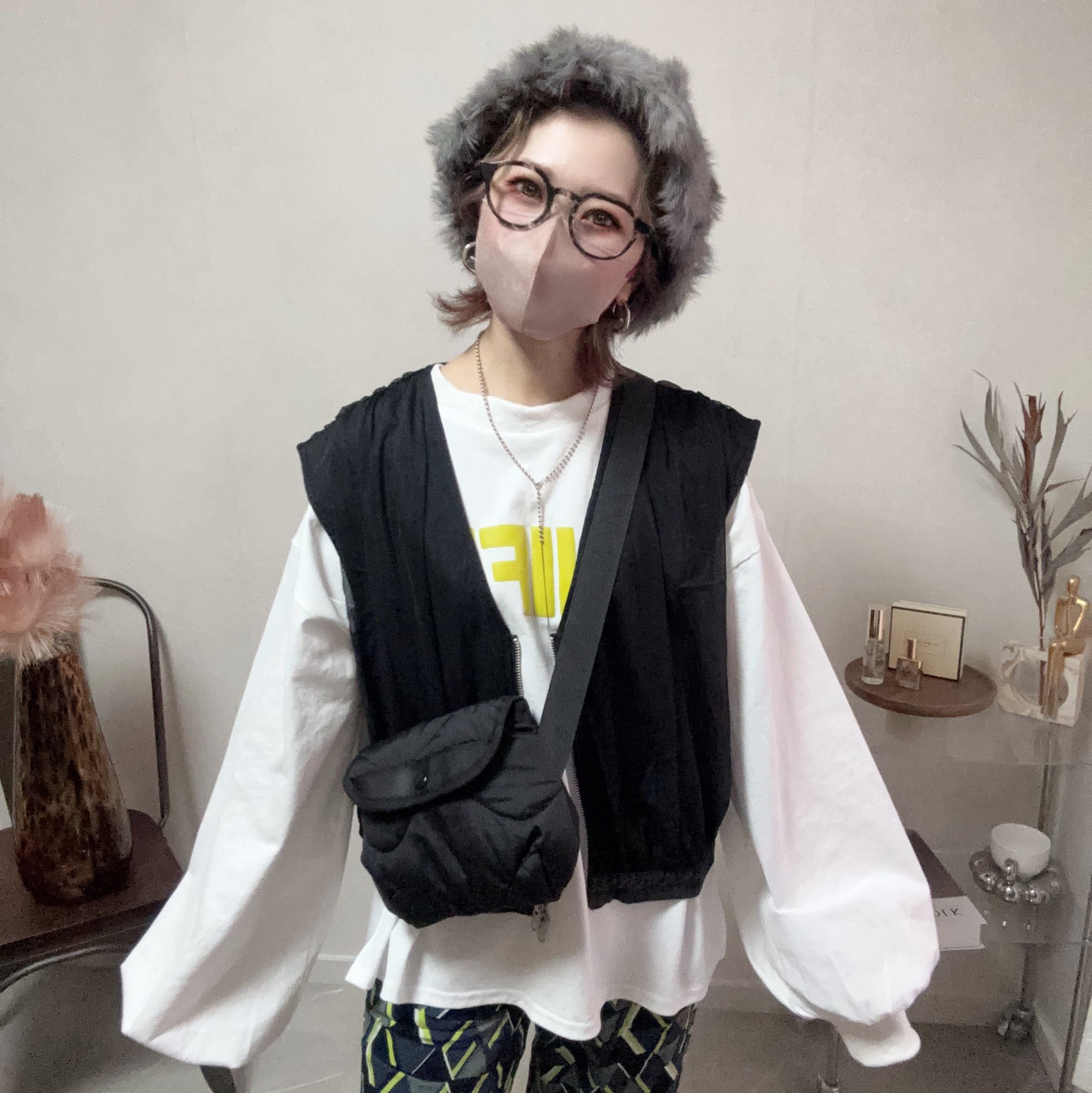 denim×tulle double zip vest【Black】