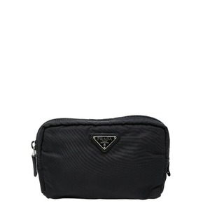 プラダ 三角ロゴプレート ポーチ ブラック ナイロン レザー レディース PRADA 【中古】