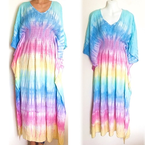 タイダイグラデーションワンピース(ライトブルー)バタフライスリーブ マキシワンピ【バリ島直輸入】