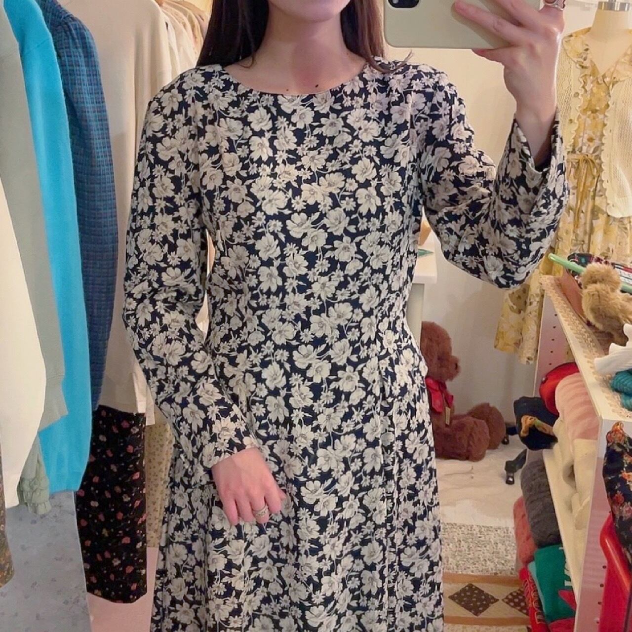 white flower navy flare one-piece