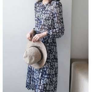 花柄シフォン七分袖ワンピース A00397