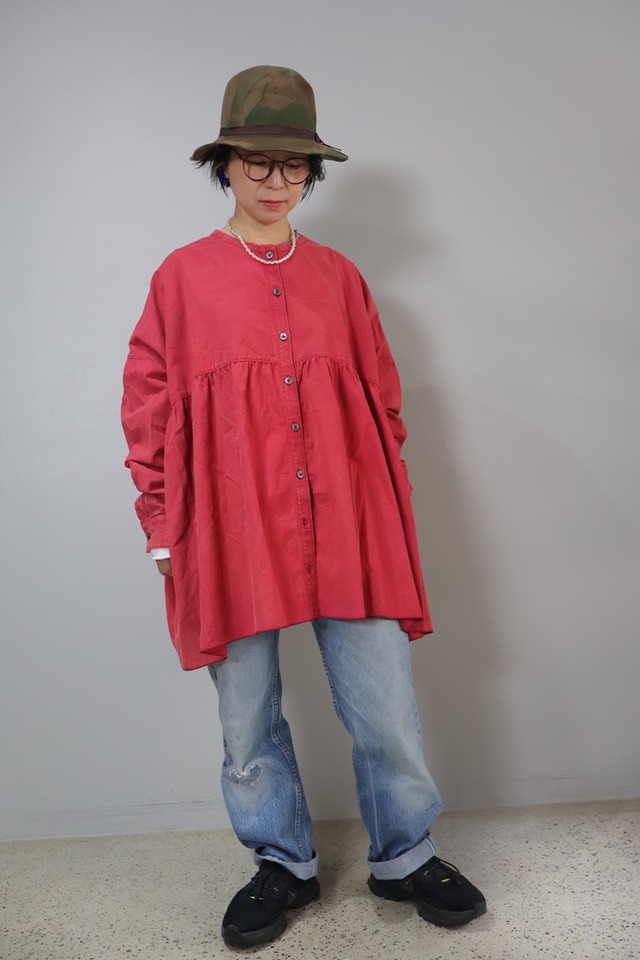 NEW！シーチングビンテージ加工ノーカラーギャザーロング【12606-551-20】2026AW