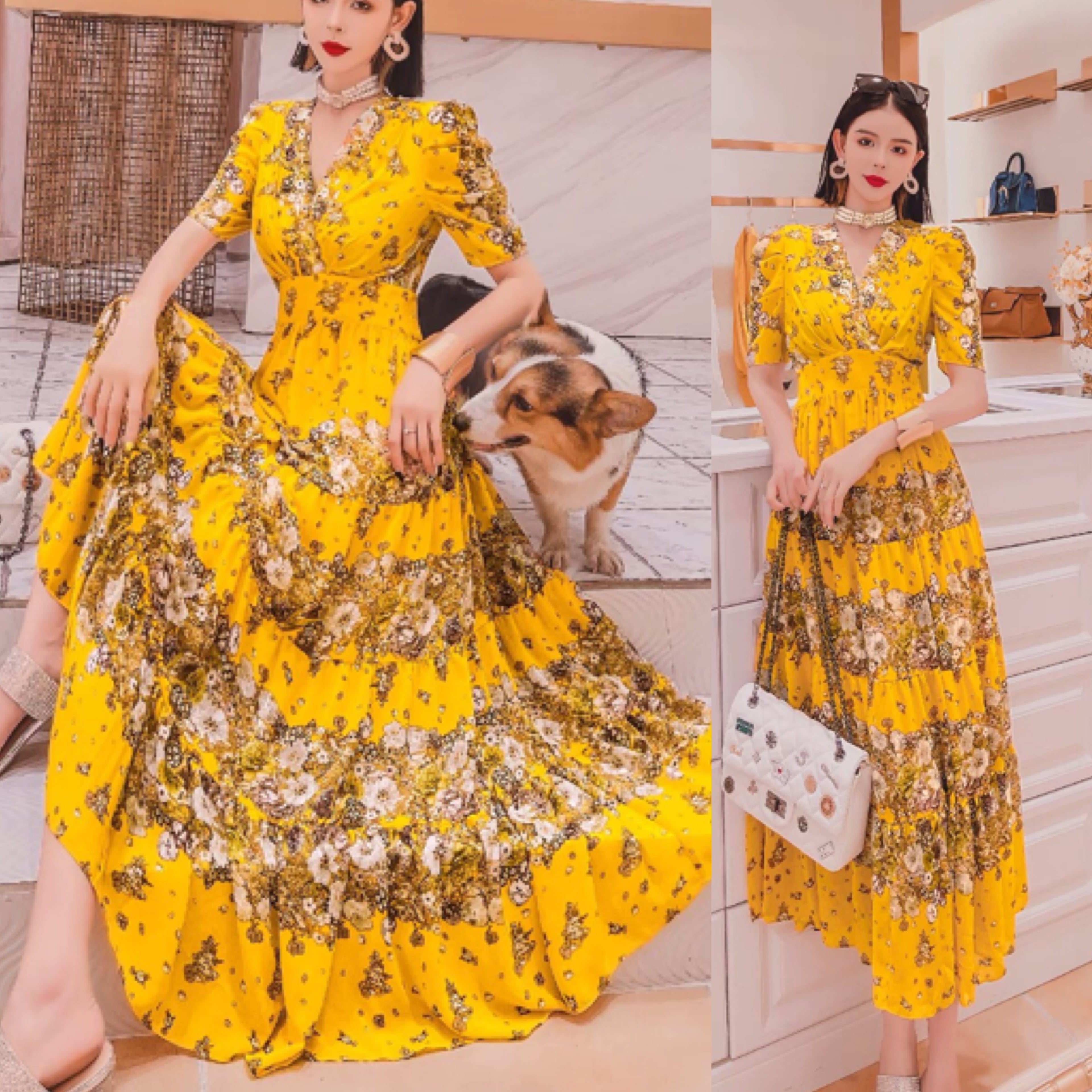 黄色 ワンピース ロング 花柄 マキシ ドレXL | LOVEYsmileSHOP