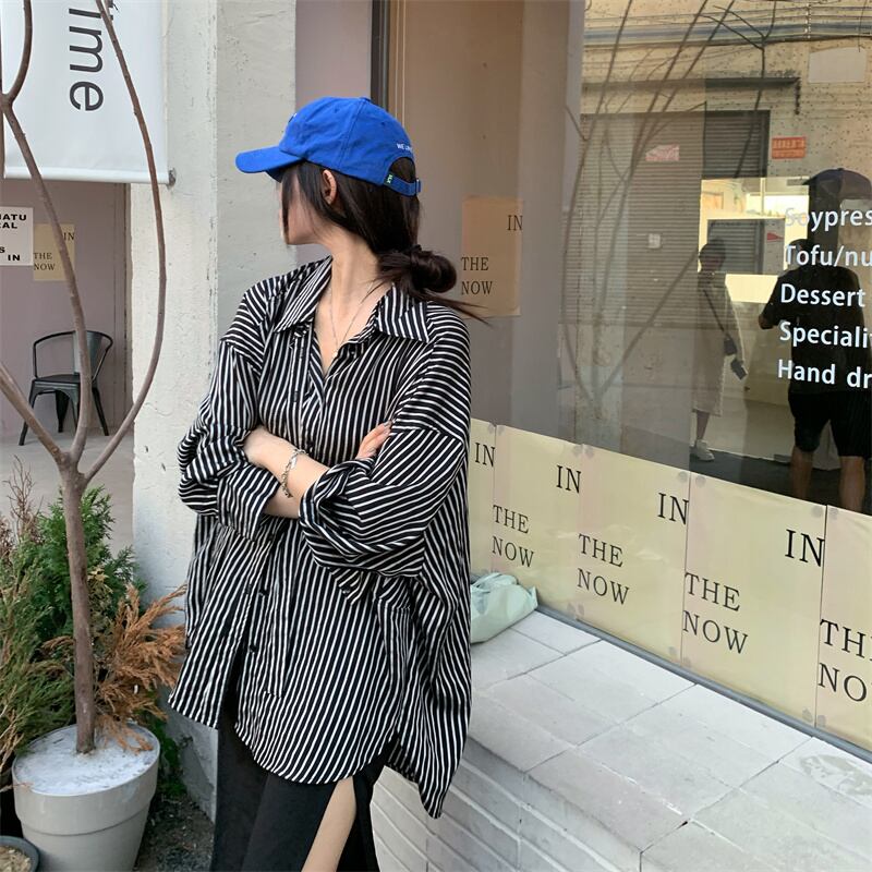 オータムストライプルーズシャツ ロング 秋物 モンロー281002887