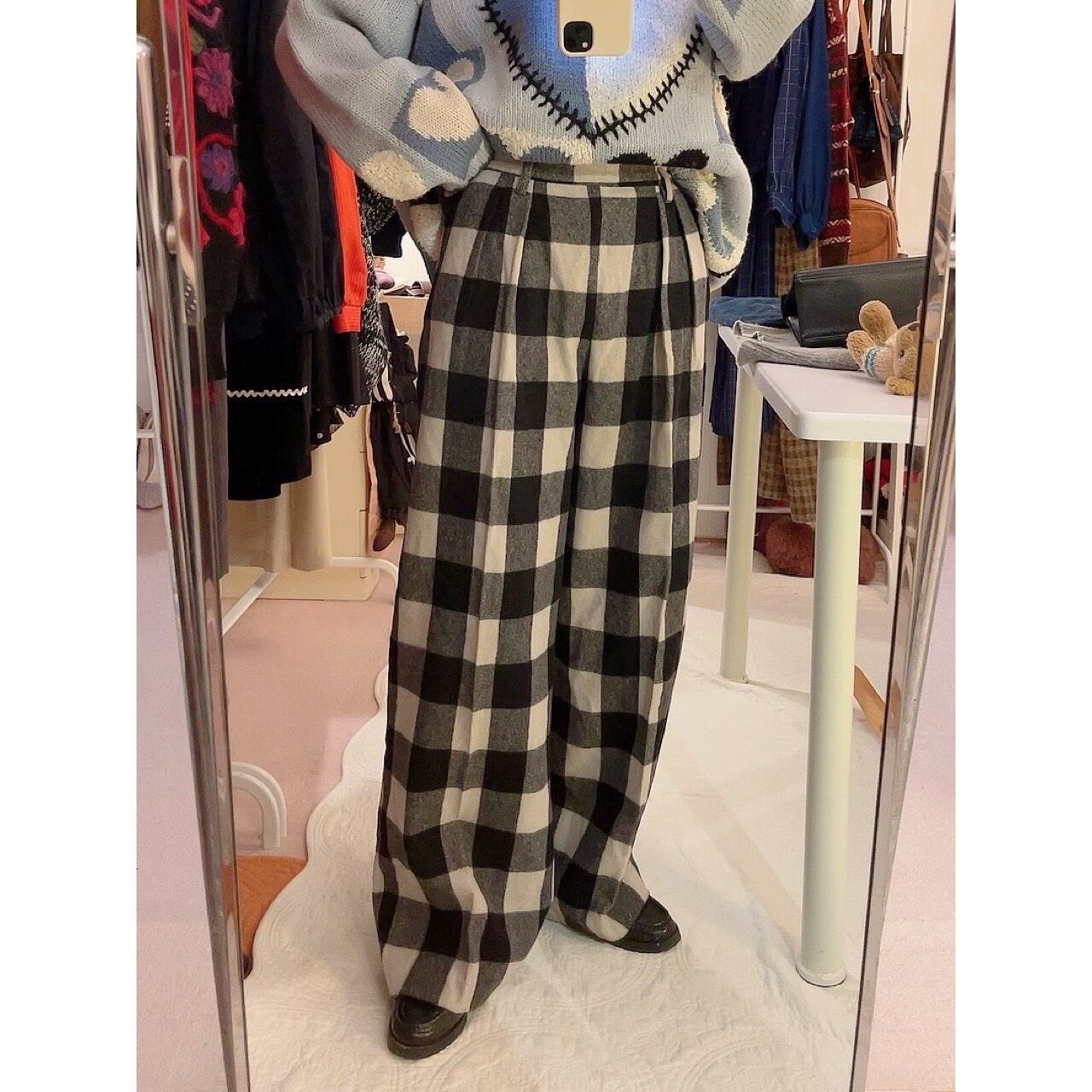 block check wool wide pants