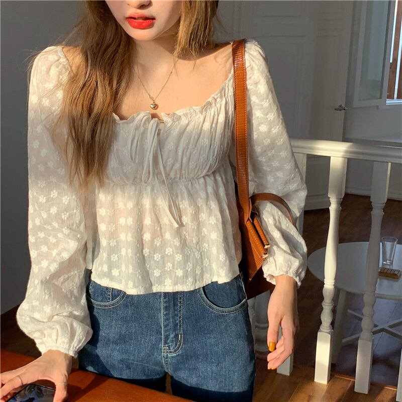 ワンショルダーフローラル長袖シャツレディース初秋のデザインセンスニッチショートシャツ2020ニュールーストップ ブラックストロベリース55569009303