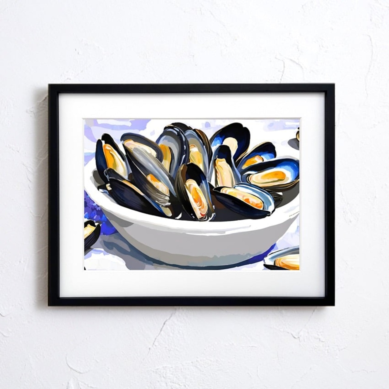 ムール貝のある食卓｜ブルーとオレンジが織りなす美食アートポスター｜キッチンやダイニングを彩る上質なモダンインテリアA4ポスター