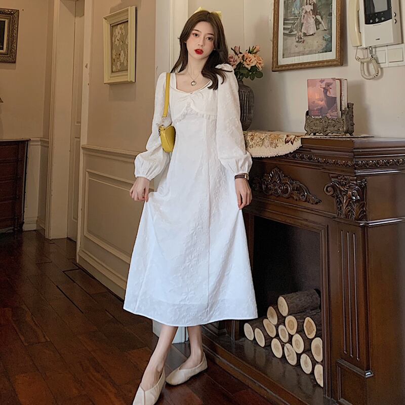 ホワイトカラー長袖スリーブドレス スプリングオータムスタイルウェストスカート ロング 春物 秋物 スクウェア 試着室28729638948