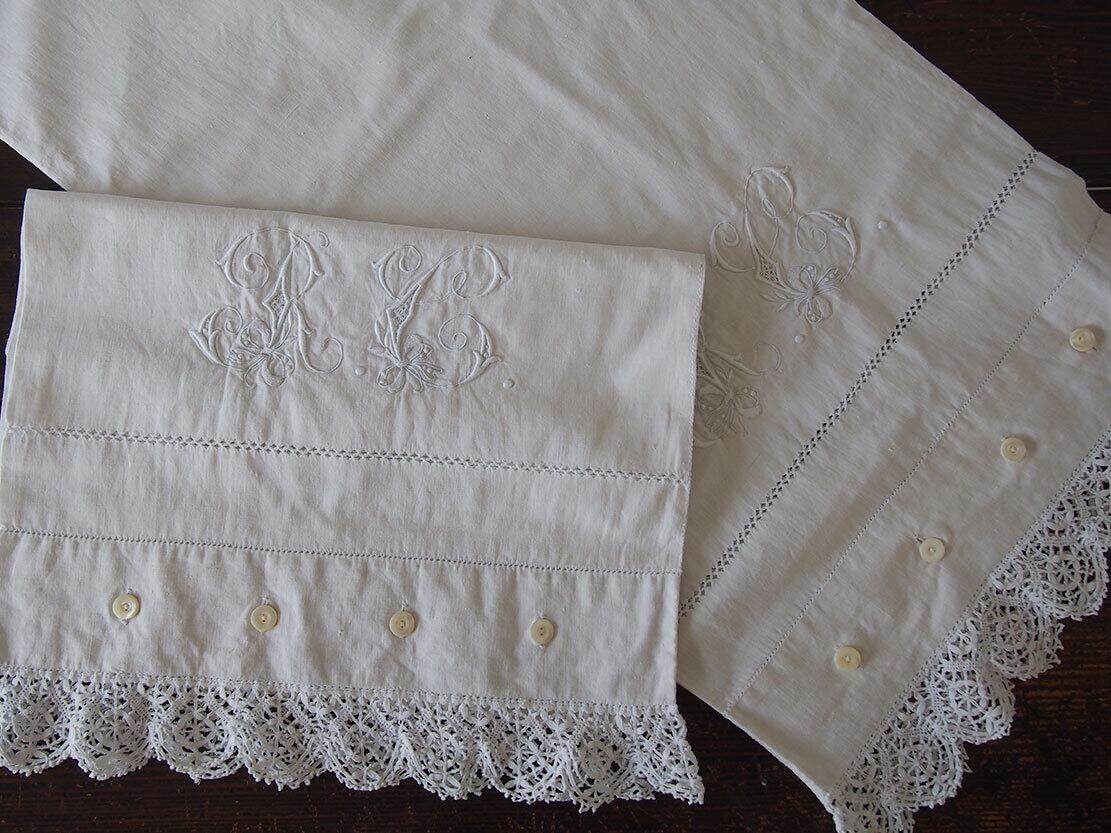フランス 蚤の市 イニシャル刺繍 レース ピローケース リメイク