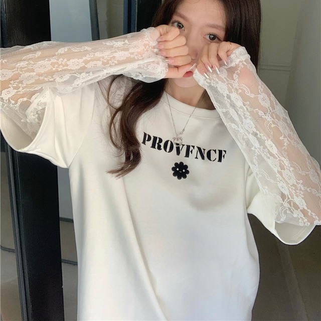 レディース 袖レースtシャツ レイヤード風 オーバーシャツ プルオーバー 重ね着風 シャツ トップス ロゴ 半袖 長袖 花柄 刺繍 レース スリーブ ビッグシルエット ロンt クルーネック チュニック 白 ホワイト 大人可愛い きれいめ 大人 上品 おしゃれ レトロ マニッシュ