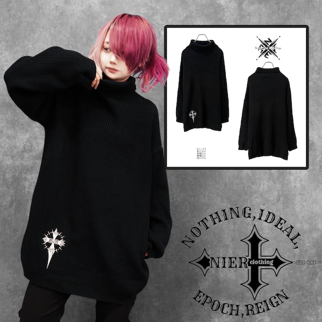 OVERSIZEタートルネックブラックニットトップス【CROSS刺繍】