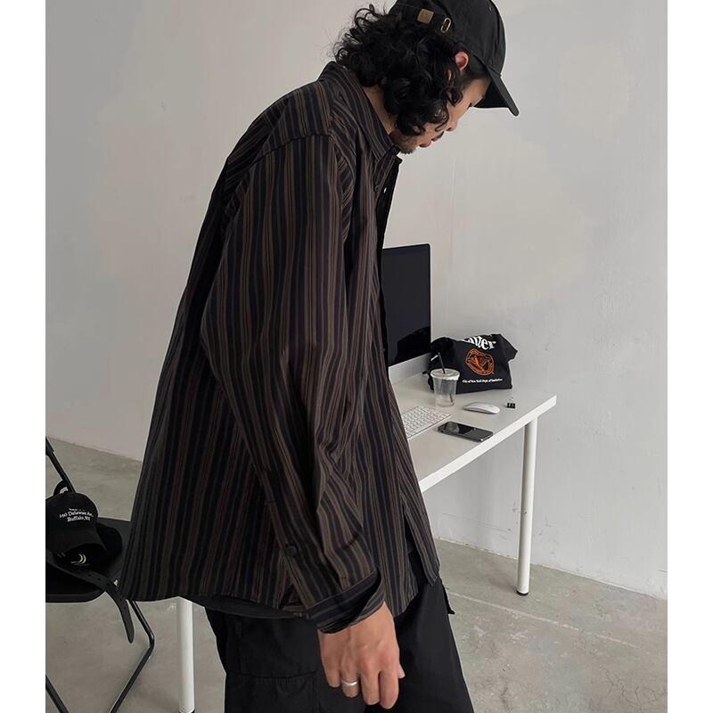 ダークトーンストライプ長袖シャツ 00004