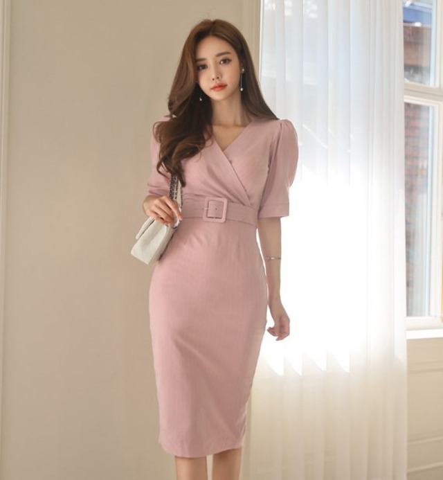 カシュクールワンピース 五分袖 パフスリーブ ひざ下丈 タイトスカート ベルト付き ストライプ デート オフィス ピンク 黒 夏 A Otb Closet