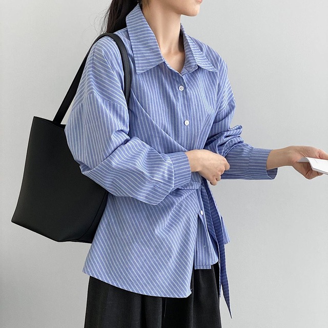 【シャツ】シャツ レディース ブルー おしゃれ 大人 可愛い トップス シャツ ブラウス 韓国 ブラウス 春 夏 秋 20代 30代 40代 50代 シンプル オフィス レディース フォーマル 体型カバー きれいめ 長袖 ストライプ ブルー 青 M L