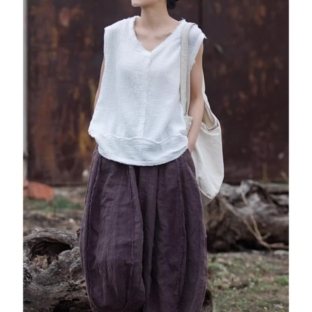 Aライン ノースリーブ Vネックトップス 3color  00235