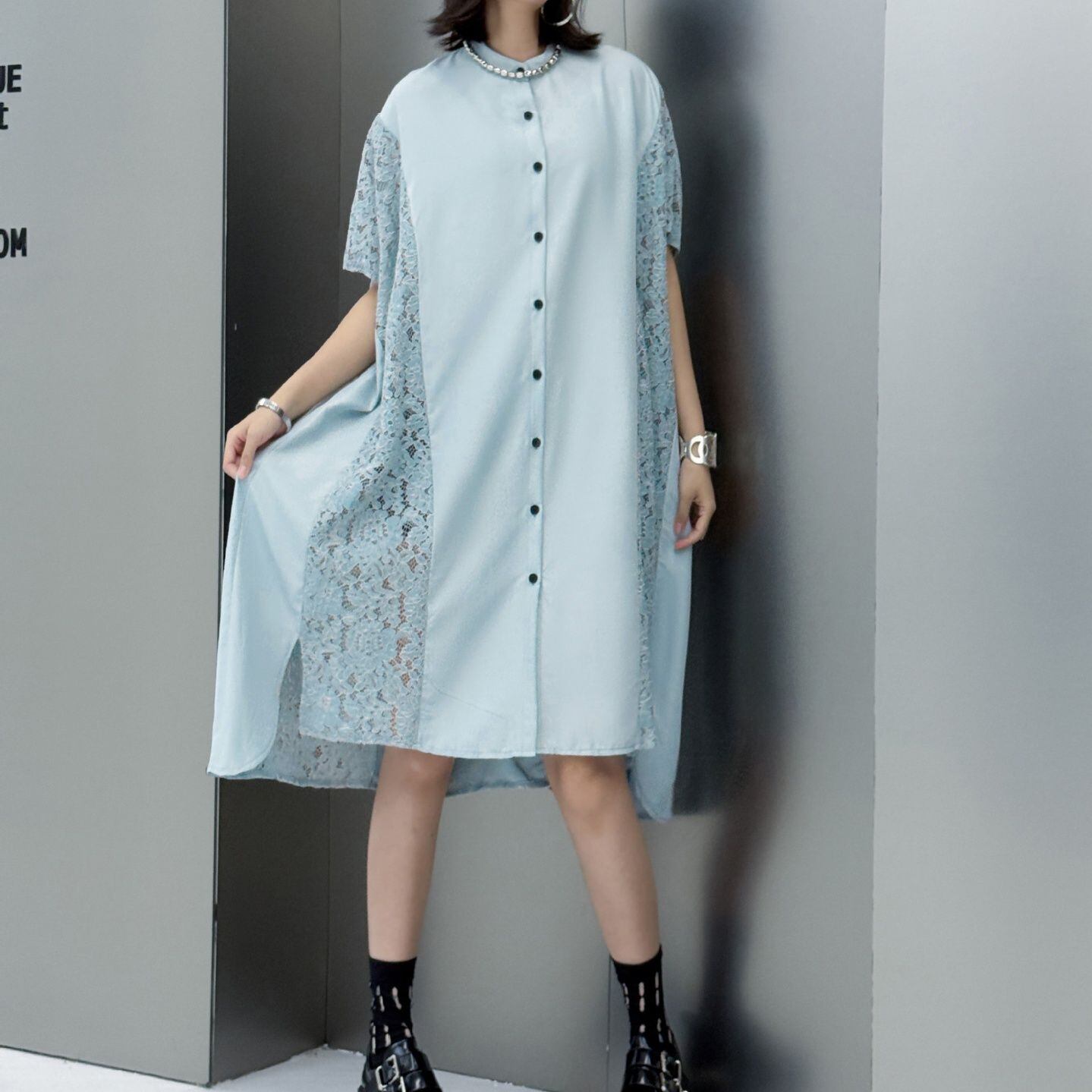 LACE PANEL BATWING SLEEVES RELAXED MIDI DRESS M-17221