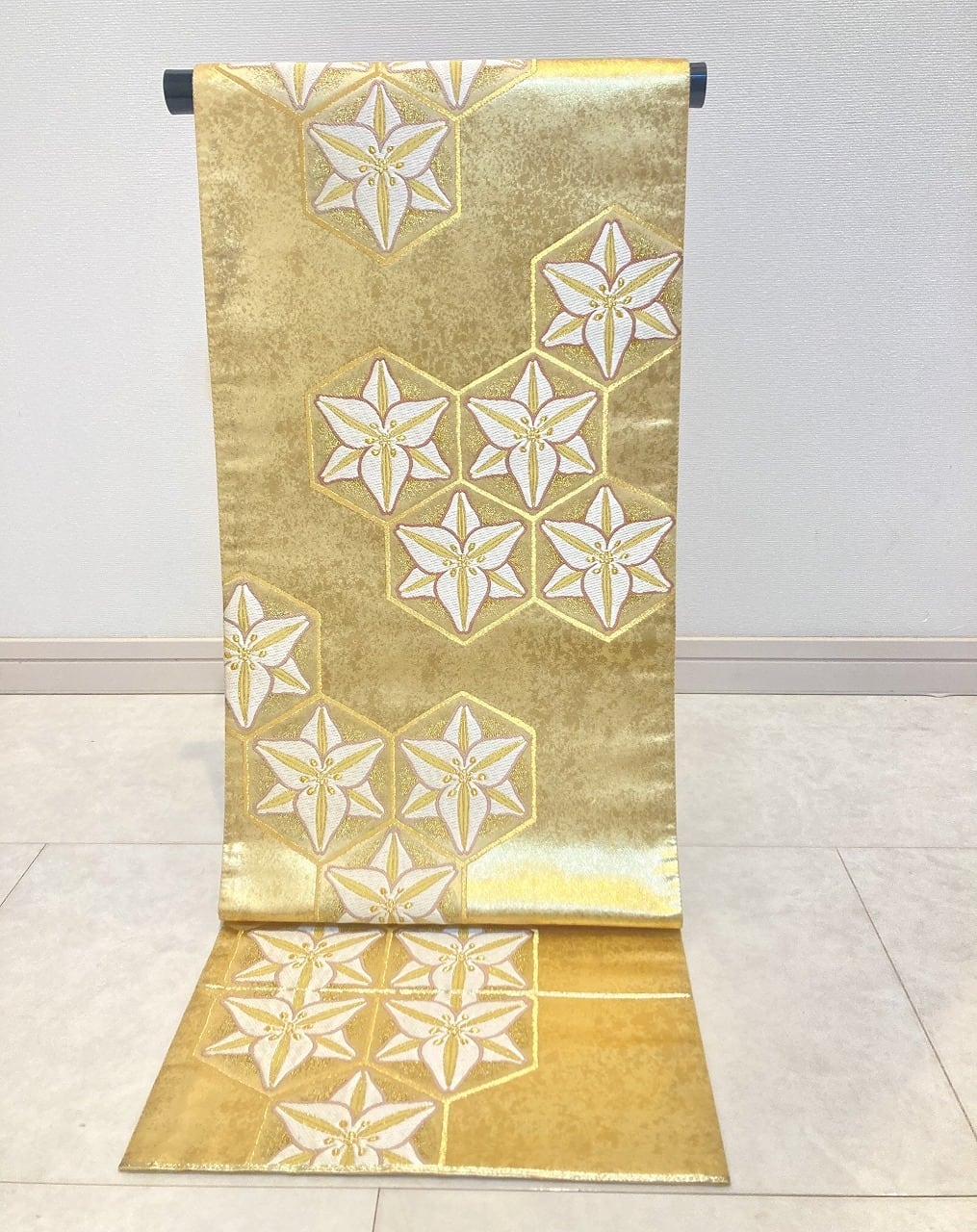 京友禅作家 光永正美 唐織 百合の花 袋帯 正絹 金糸 白 紫 ゴールド