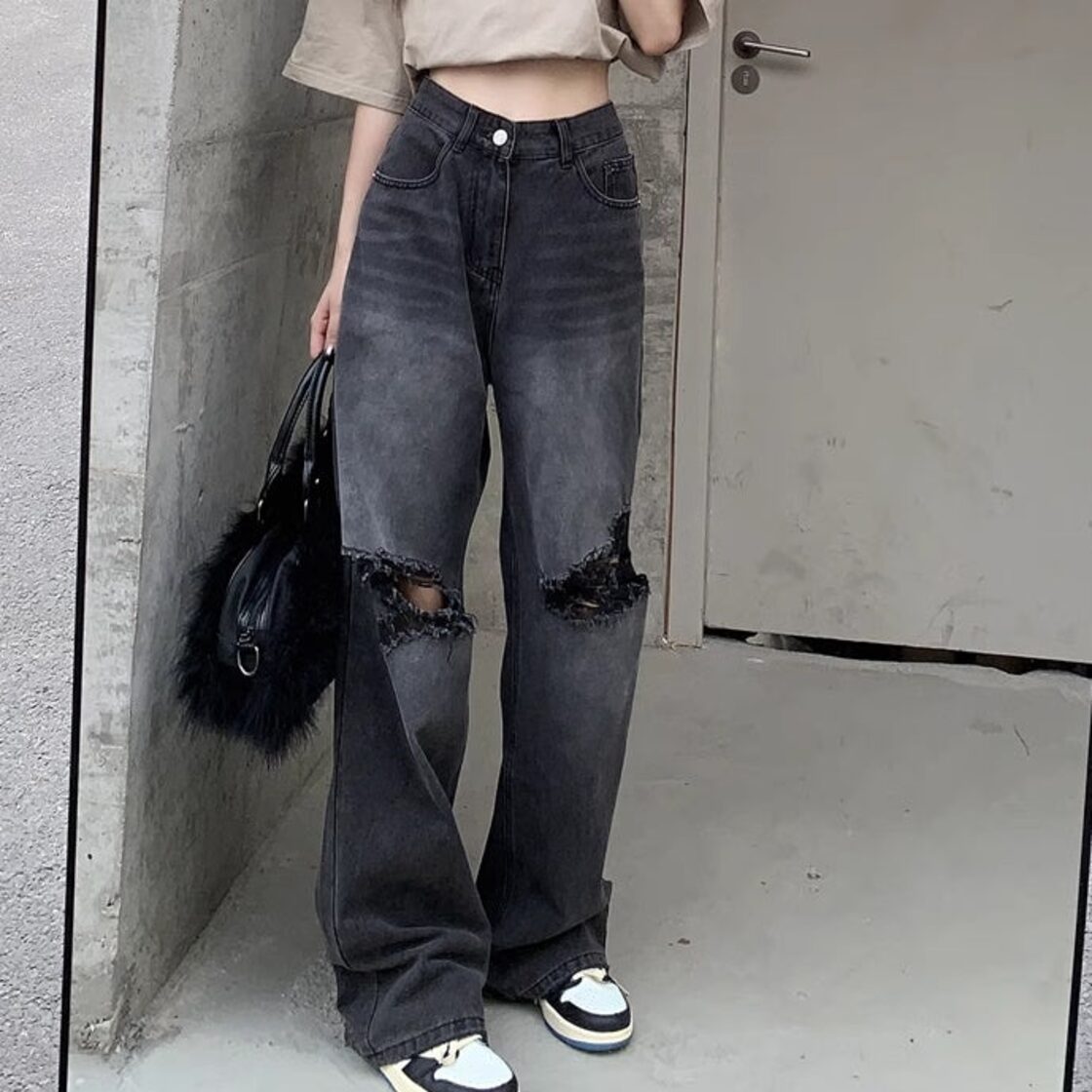 リップド ジーンズ レディース 韓国 デニムパンツ クラッシュ加工 