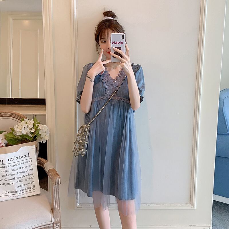 【新作】【送料無料】 マタニティウェア2020夏の新しいウォッシュドデニムステッチVネックドレススタイルミドル丈ファッションマタニティドレス-アリババ サマー 夏物 expec270571205558