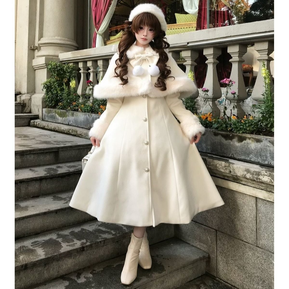 雪の令嬢ファーケープ付きの純白ウィンター2WAYコート | Maiden's Rêve