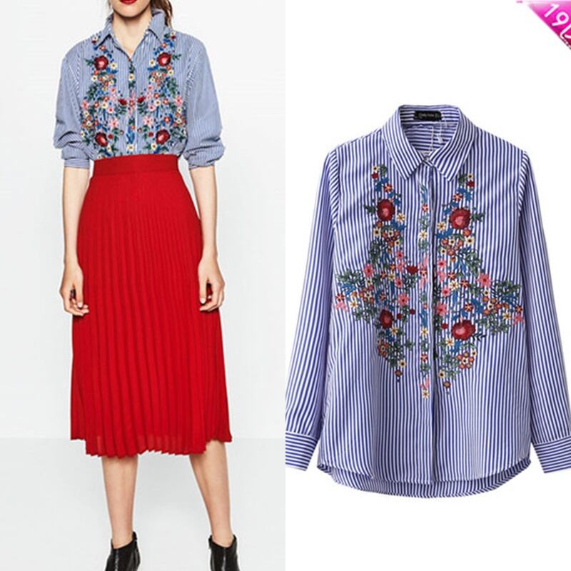 ストライプ 花刺繍 長袖 シャツ