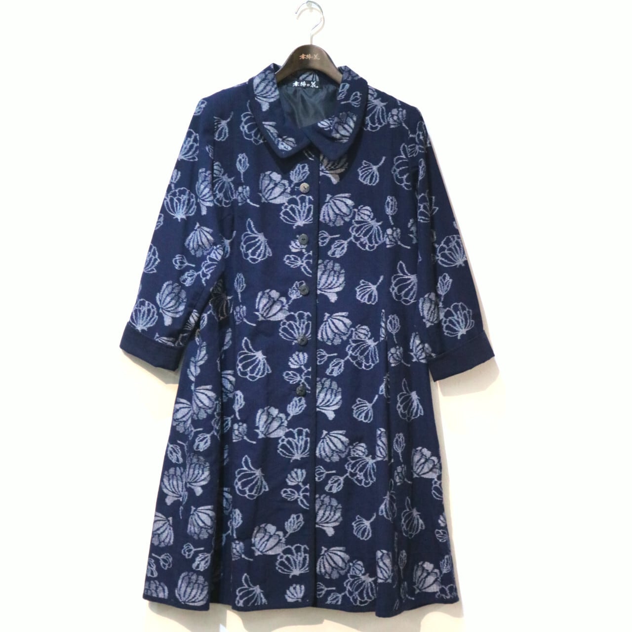 木綿の花 [ワンピース Aライン 総手織り 切替え有] 藍染手織り 銀鱗柄