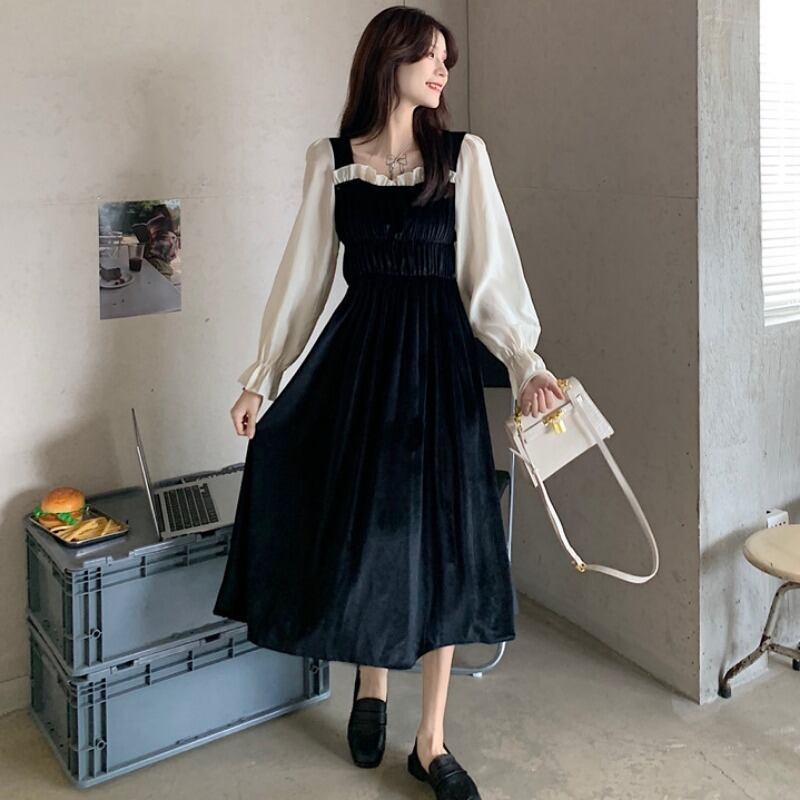 スプリングオータムスリーブドレス ウィンタースタンダードゴールドベルベットスカート レディース ロング レトロ 春物 秋物 冬物 1号婦人56975916726