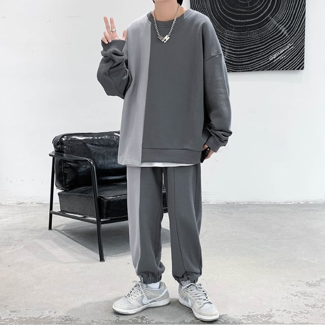 【予約販売】メンズ セットアップ スエット アシンメトリー 上下 グレー ブラック バイカラー シンプル 無地 長袖 ストリート こなれ感 スポーツウエア カジュアル 秋冬 大きいサイズ M/L/XL/2XL/3XL/4XL
